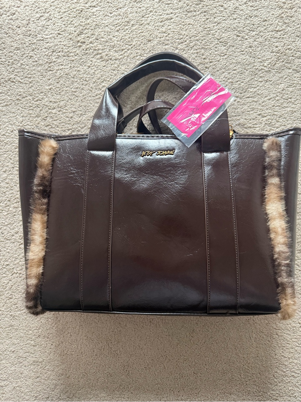 Betsey Johnson Dark Brown Faux Leather Tote with Faux Fur Trim